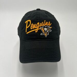 Adidas NHL Pittsburgh Penguins Black Script Embroidered Strapback Dad Hat OSFA